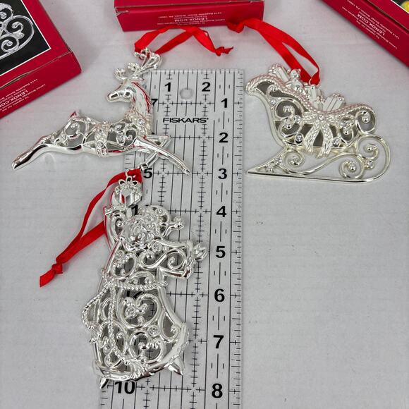 Lenox Lot 3 Sparkle Scroll Christmas Ornaments Santa Sleigh Reindeer Silver Tone - Picture 5 of 10